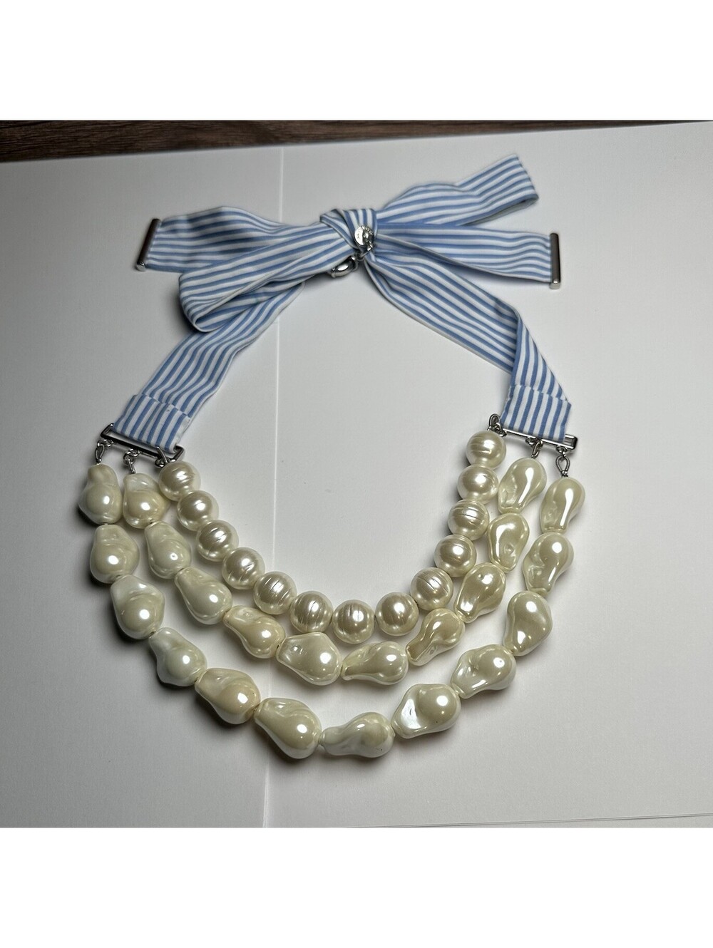 Talbots Multi Strand Faux Pearl Blue White Stripe Fabric Ribbon Necklace